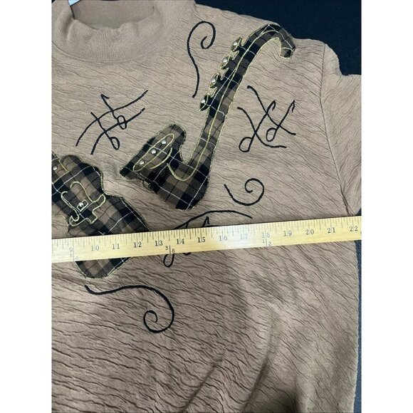 Donna Toran Vtg Crewneck Sweater Womens XL Brown Embroidered Music Crinkle Knit - Picture 4 of 8